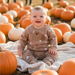 White & Brown Pumpkin Print Sweater and Pants Set